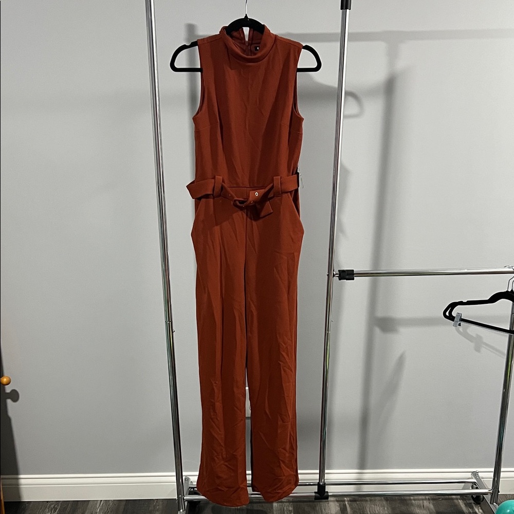 Express Rust Sleeveless Belted Jumpsuit